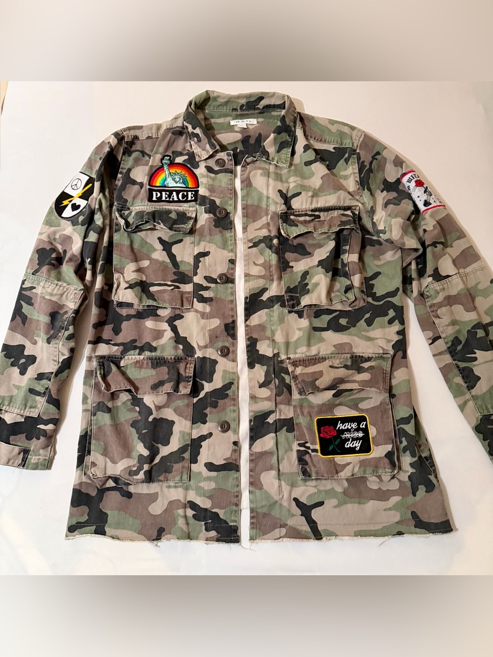 The Rail Camo Military Patch Jacket Size L Vintage Retro Style Camouflage Large